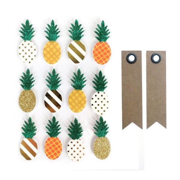 12 stickers 3D Ananas 4,5 cm + 20 étiquettes kraft Fanion - Photo n°1