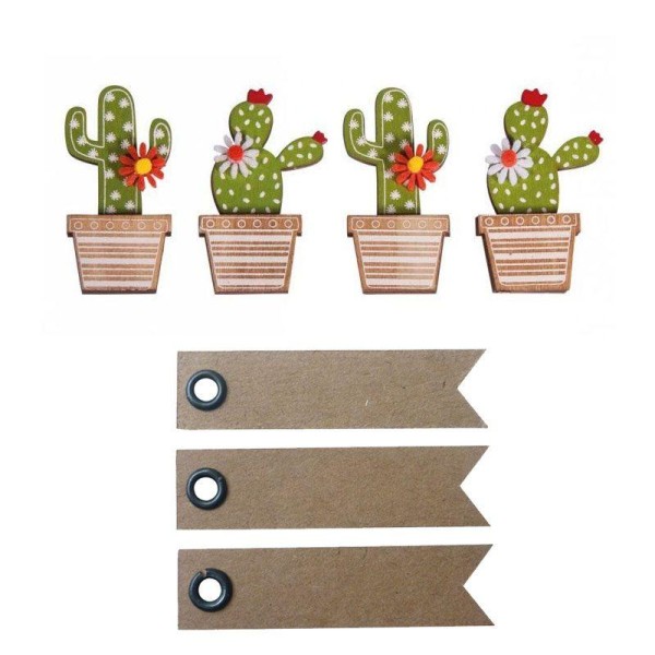 4 autocollants bois Cactus 6,5 cm + 20 étiquettes kraft Fanion - Photo n°1