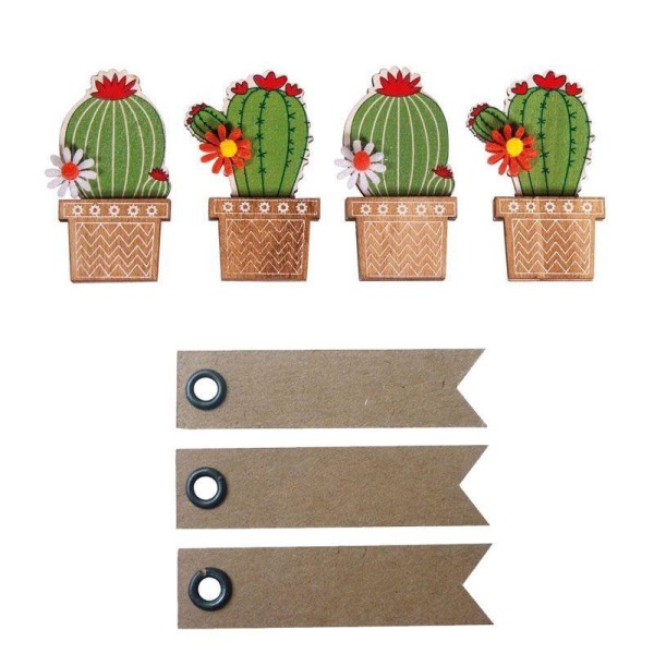 4 autocollants bois Cactus 6,1 cm + 20 étiquettes kraft Fanion - Photo n°1
