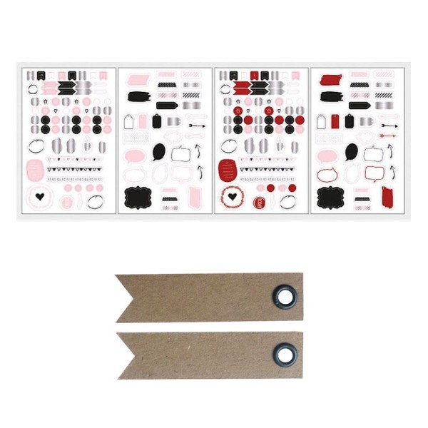 Stickers Bullet journal 4 planches blanc, rouge, noir + 20 étiquettes kraft Fanion - Photo n°1