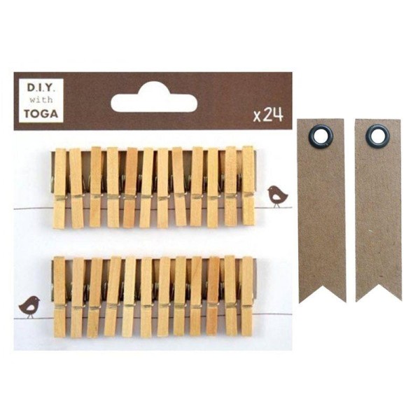 24 mini pinces à linge bois + 20 étiquettes kraft Fanion - Photo n°1