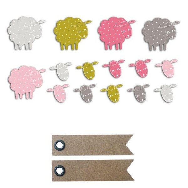 20 formes découpées moutons rose-vert taupe + 20 étiquettes kraft Fanion - Photo n°1