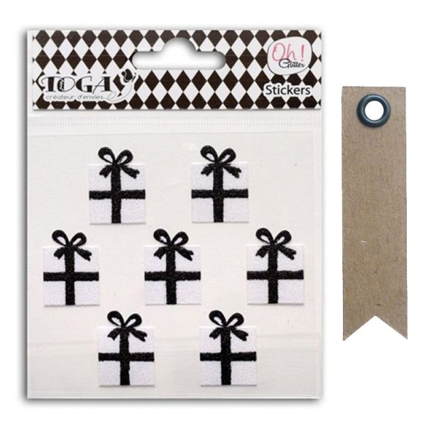 Stickers cadeaux noirs & blancs + 20 étiquettes kraft Fanion - Photo n°1