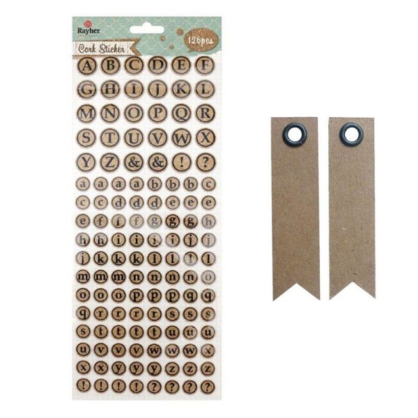 Stickers ronds en liège Alphabet majuscule & minuscule + 20 étiquettes kraft Fanion - Photo n°1