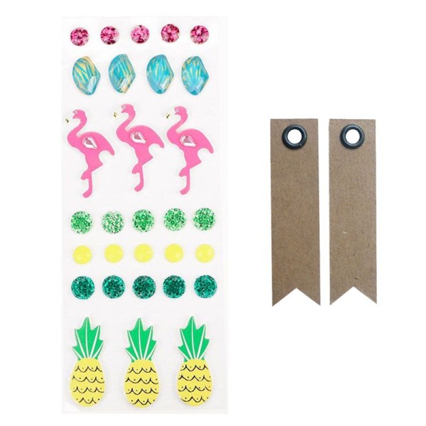 30 stickers 3D flamants rose et ananas + 20 étiquettes kraft Fanion - Photo n°1