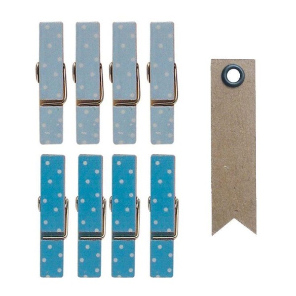 8 mini pinces à linge aimantées bleues 3,5 cm + 20 étiquettes kraft Fanion - Photo n°1