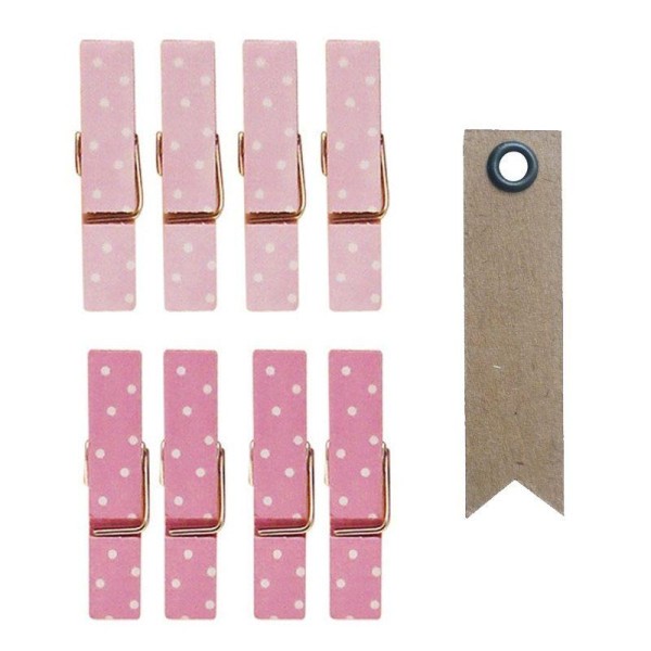 8 mini pinces à linge aimantées rose 3,5 cm + 20 étiquettes kraft Fanion - Photo n°1