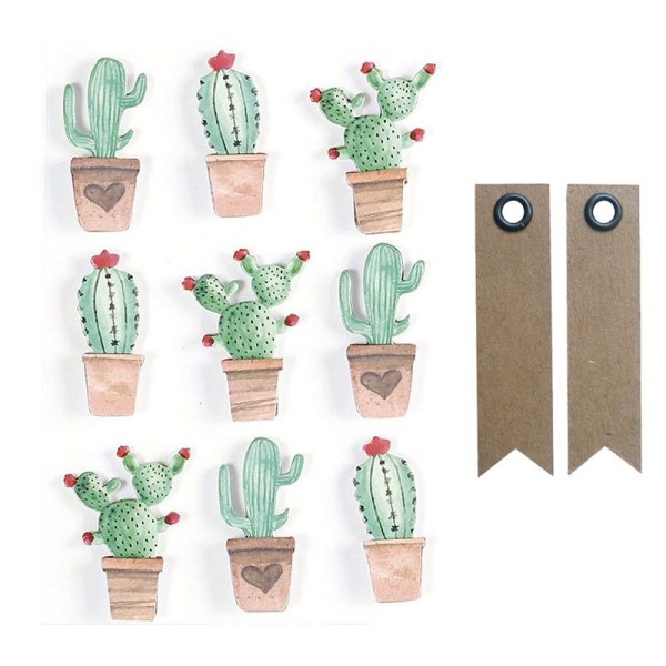 9 stickers 3D Cactus mexicains 4,5 cm + 20 étiquettes kraft Fanion - Photo n°1