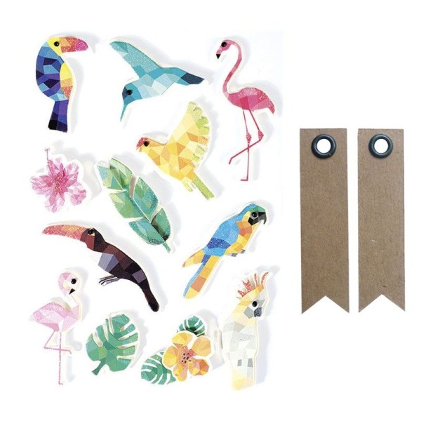 12 stickers 3D Oiseaux tropicaux 6 cm + 20 étiquettes kraft Fanion - Photo n°1