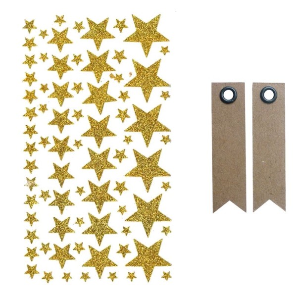 Stickers étoiles à paillettes dorées + 20 étiquettes kraft Fanion - Photo n°1