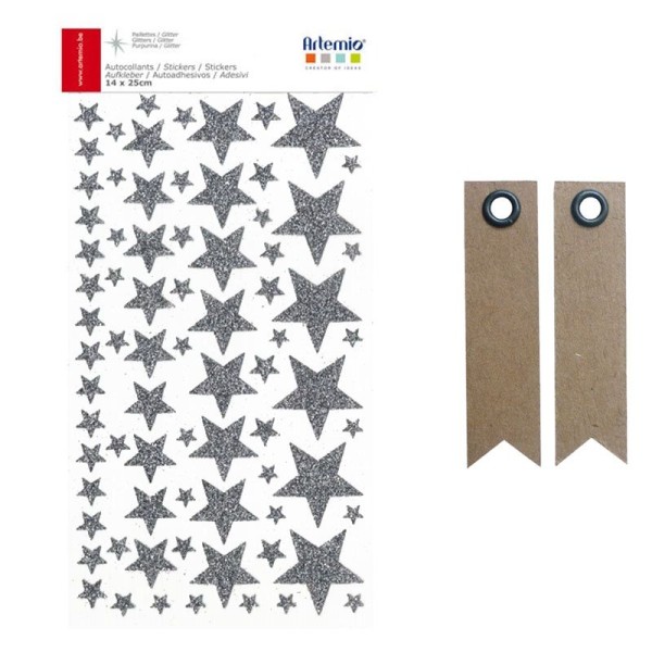 Stickers étoiles à paillettes argentées + 20 étiquettes kraft Fanion - Photo n°1