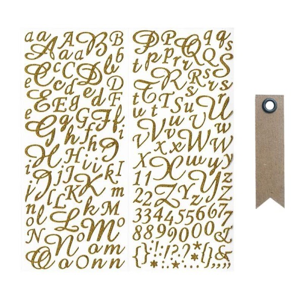 Stickers alphabet & chiffres dorés à paillettes + 20 étiquettes kraft Fanion - Photo n°1