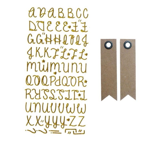 Stickers alphabet doré à paillettes + 20 étiquettes kraft Fanion - Photo n°1