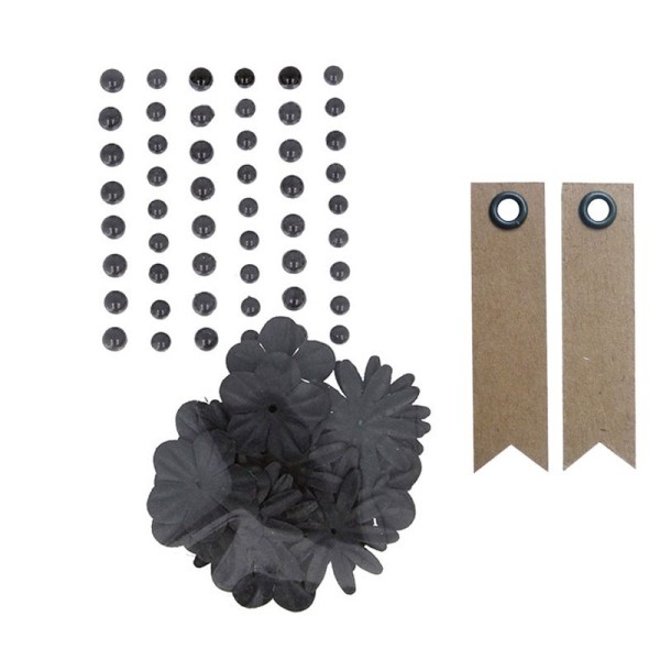 Perles autocollantes & Fleurs papier Noir + 20 étiquettes kraft Fanion - Photo n°1