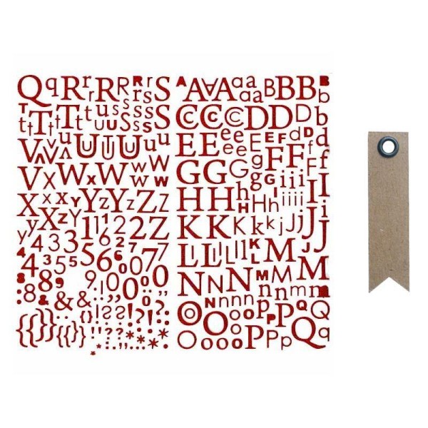 Alphabet autocollant paillettes rouge + 20 étiquettes kraft Fanion - Photo n°1