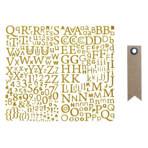 Alphabet autocollant paillettes doré + 20 étiquettes kraft Fanion - Photo n°1
