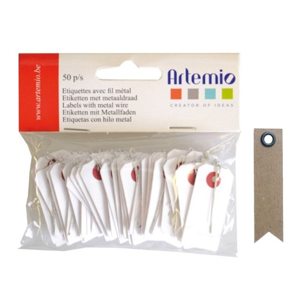 Mini étiquettes blanches 2 x 4 cm avec fil métal + 20 étiquettes kraft Fanion - Photo n°1