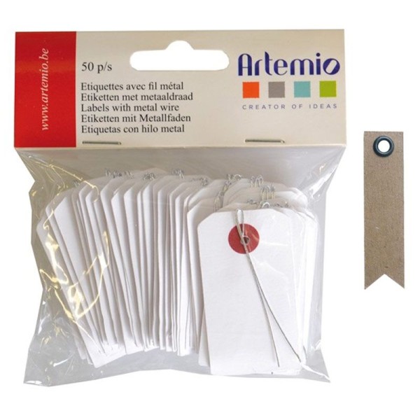 Mini étiquettes blanches 3 x 5,5 cm avec fil métal + 20 étiquettes kraft Fanion - Photo n°1
