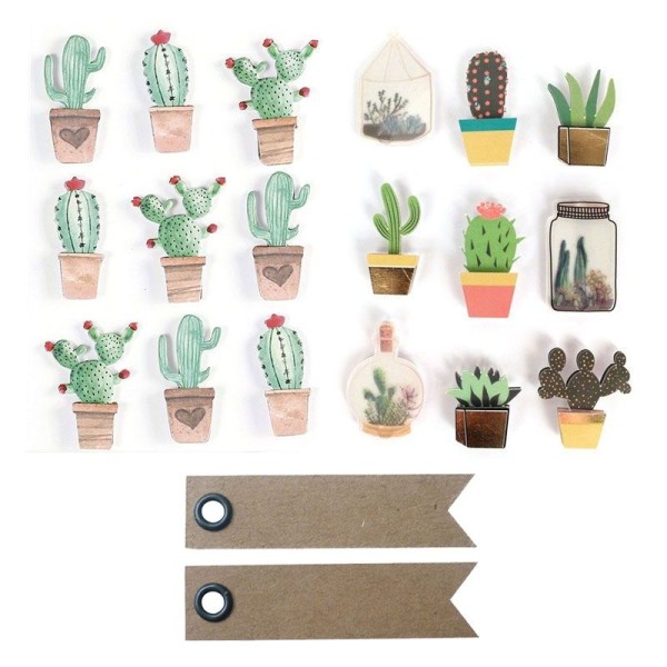 18 stickers 3D Cactus + 20 étiquettes kraft Fanion - Photo n°1