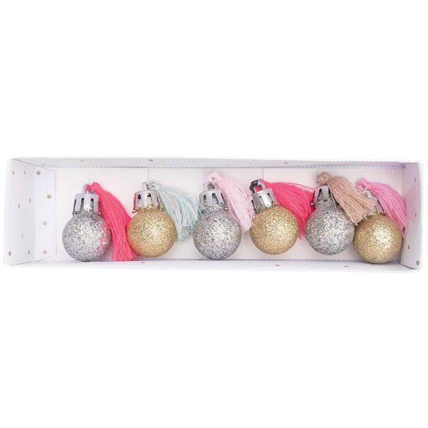 6 mini boules de Noël à paillettes et pompons fluo & pastel - Photo n°1