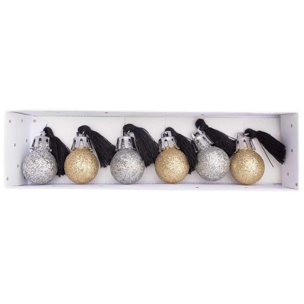 6 mini boules de Noël à paillettes et pompons noirs - Photo n°1