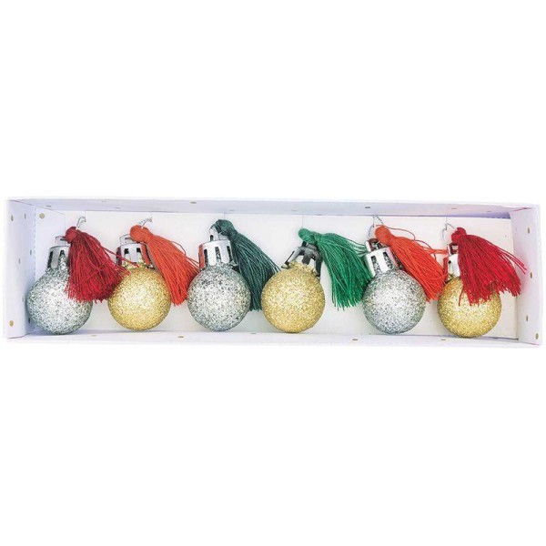 6 mini boules de Noël à paillettes et pompons rouge et vert - Photo n°1