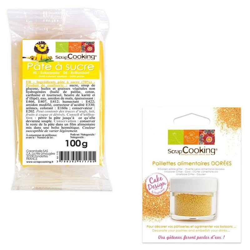 Pâte à sucre jaune 100 g + paillettes dorées - Pâte à sucre - Creavea
