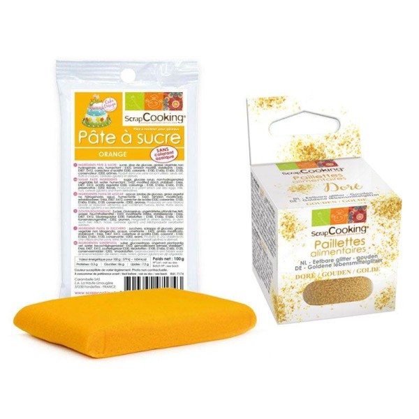 Pâte à sucre orange 100 g + paillettes dorées - Photo n°1