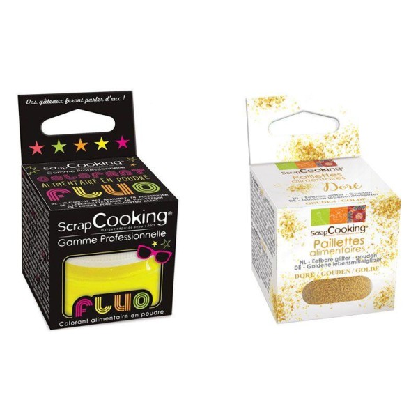 Colorant alimentaire en poudre Jaune fluo + paillettes dorées - Photo n°1