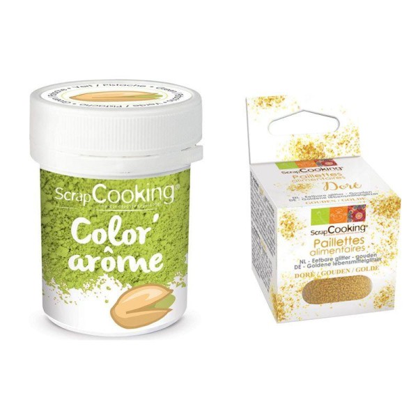 Colorant alimentaire vert arôme pistache + paillettes dorées - Photo n°1