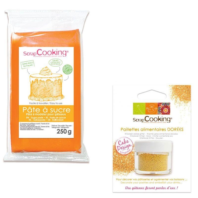 Pâte à sucre orange 250 g arôme vanille + paillettes dorées - Pâte à sucre  - Creavea