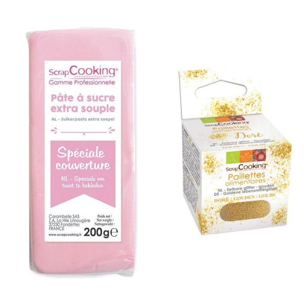 Pâte à sucre de couverture rose 200 g + paillettes dorées - Photo n°1
