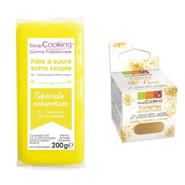 Pâte à sucre de couverture jaune 200 g + paillettes dorées - Photo n°1
