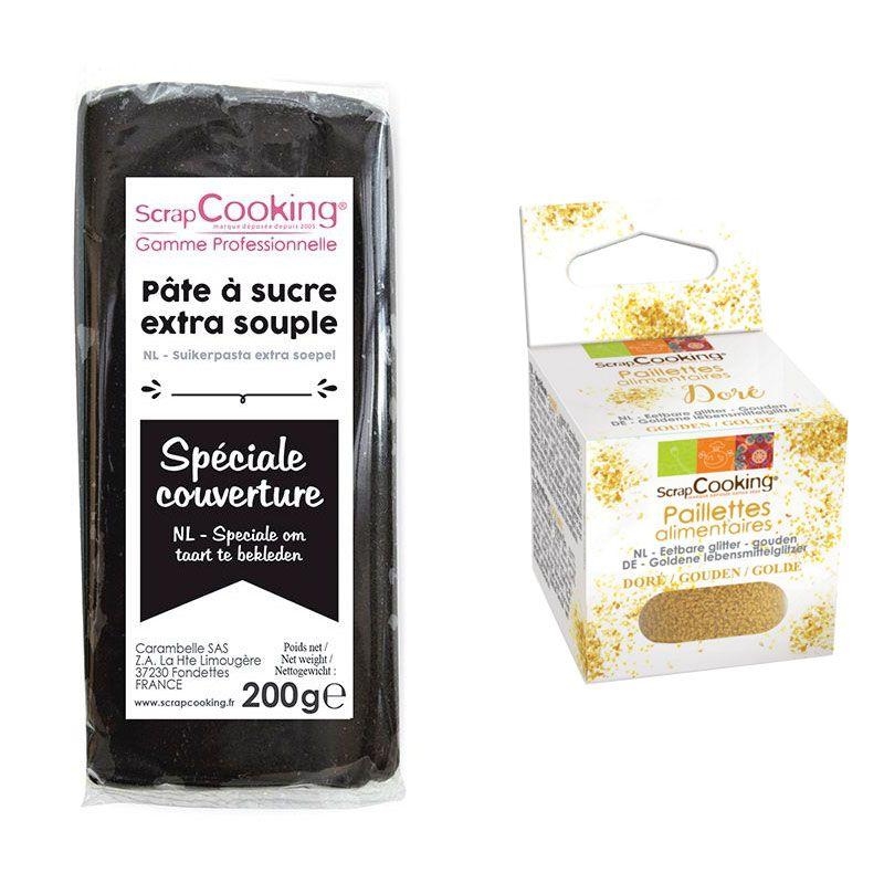 Pâte à sucre noire 100 g + paillettes dorées - Pâte à sucre - Creavea