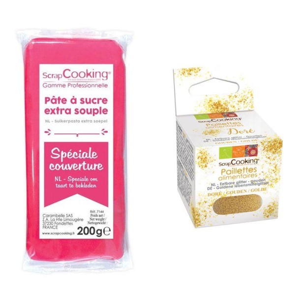 Pâte à sucre de couverture 200 g Fuchsia + paillettes dorées - Photo n°1