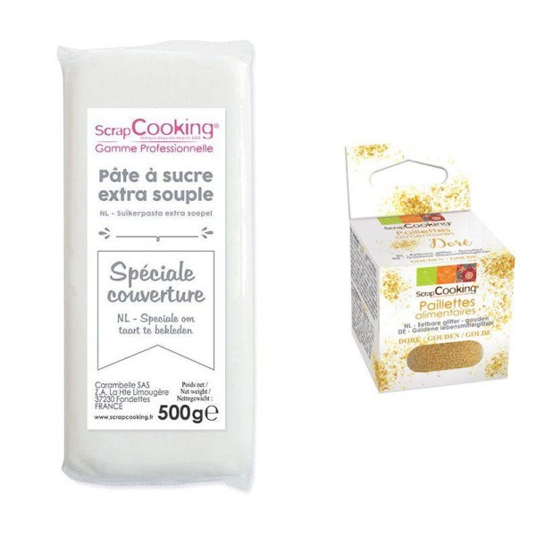 Pâte à sucre de couverture blanche 500 g + paillettes dorées - Photo n°1
