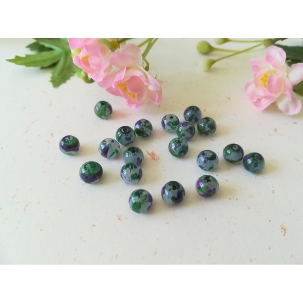 Perles en verre 6 mm taches violettes et vertes x 25 - Photo n°2