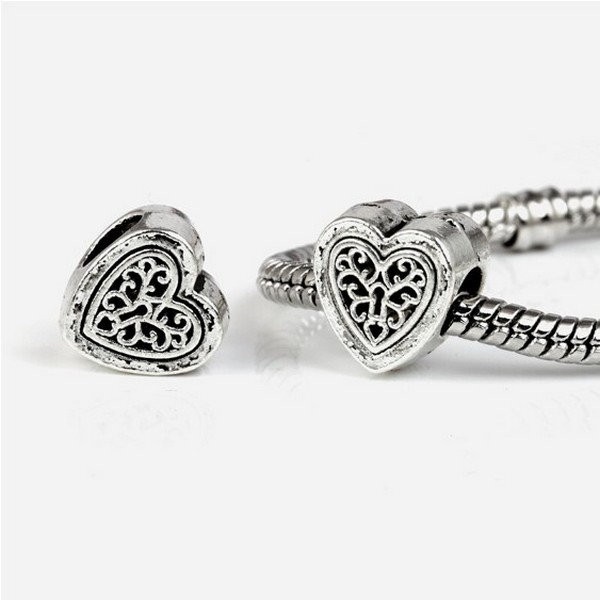 10 perles charm bracelet style pandora métal argenté vieilli COEUR - Photo n°1