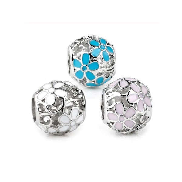 10 perles ronde métal argenté émaillé BLEU ROSE BLANC - Photo n°1