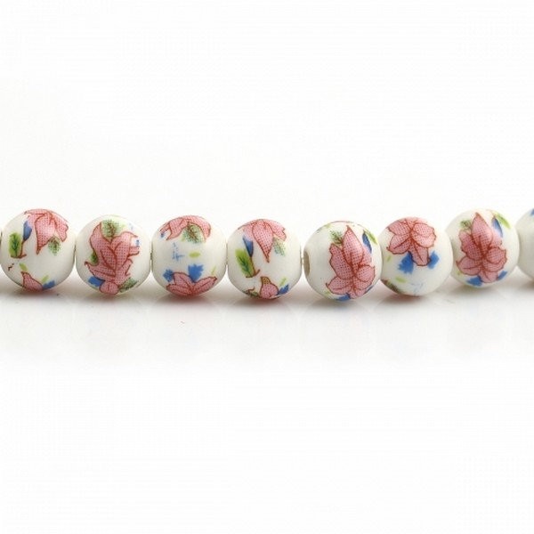 20 perles céramique porcelaine rondes 0,8 cm FLEUR ROSE FEUILLAGE - Photo n°1