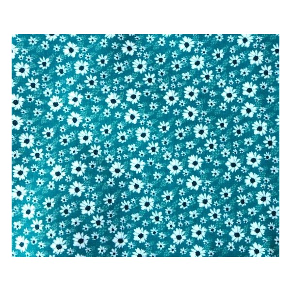 Tissu Coton Motif Fleur Blanche Sur Fond Vert, Bleu Canard - Vendu Au Mètre - Photo n°5