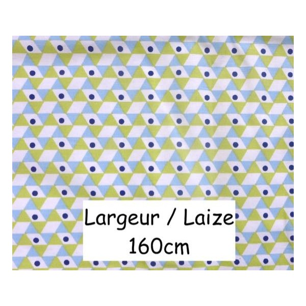 Tissu Coton Motif Géométrique, Triangle Vert Anis, Blanc Et Bleu En 160cm De Laize - Photo n°1