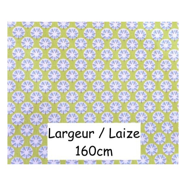 Tissu Coton Motif Géométrique, Disque, Rosace, Blanc, Gris, Bleu Sur Fond Vert Anis En 160cm De La - Photo n°1