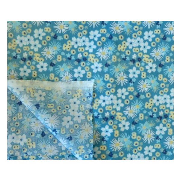 Tissu Coton À Fleurs Bleu Turquoise, Canard, Bleu Ciel, Jaune Pâle Et Blanc En 160cm De Laize - Photo n°2