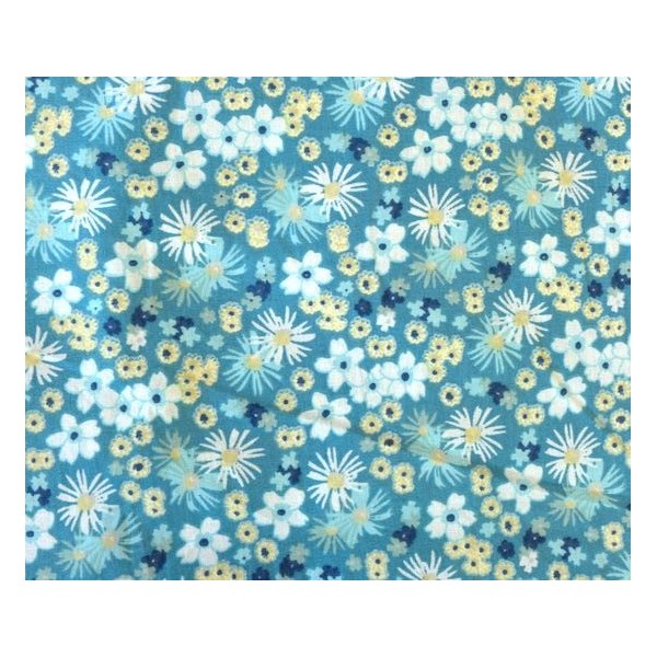 Tissu Coton À Fleurs Bleu Turquoise, Canard, Bleu Ciel, Jaune Pâle Et Blanc En 160cm De Laize - Photo n°3