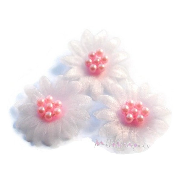 Appliques fleurs tissu perles rose clair - 5 pièces - Photo n°1