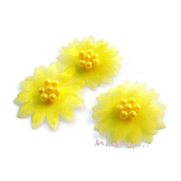 Appliques fleurs tissu perles jaune - 5 pièces - Photo n°1