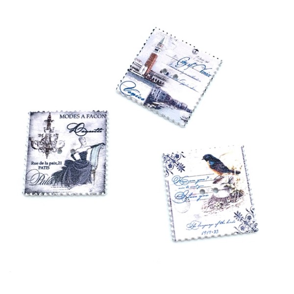12 Boutons timbres vintage en bois Tour Eiffel France Rome, mode 3,3 cm - Photo n°3