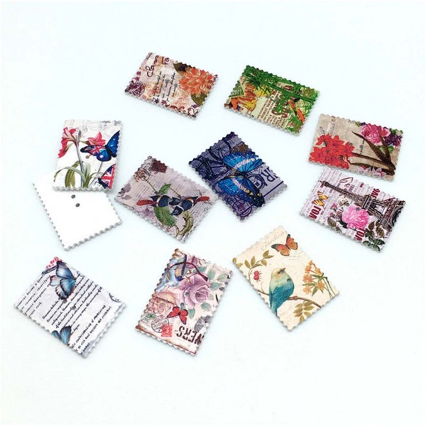 12 Boutons timbres vintage en bois fleurs oiseaux 4 cm - sans trous - Photo n°2