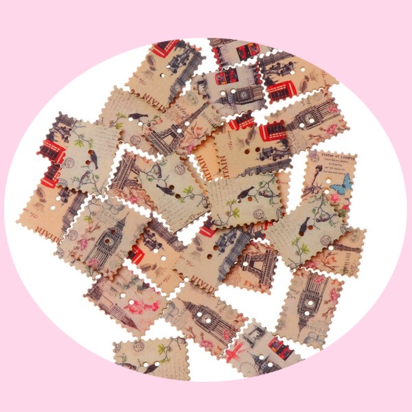 12 Boutons timbres vintage, Big Ben, Tour Eiffel 3,3 cm, couture scrapbooking - Photo n°1